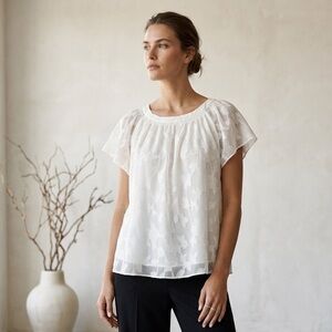 LC Lauren Conrad White Floral Sheer Short-Sleeve Blouse